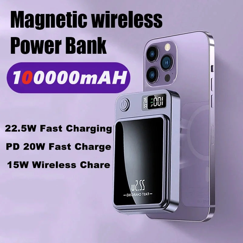 100000Mah Wireless Magnetic Power Bank Super Fast Charging Ultra High Capacity Digital External Battery Power Bank for Iphone 15